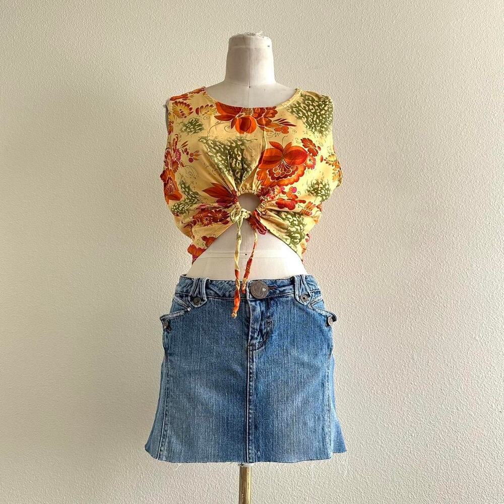 reworked vintage orange yellow floral print cropped tank top